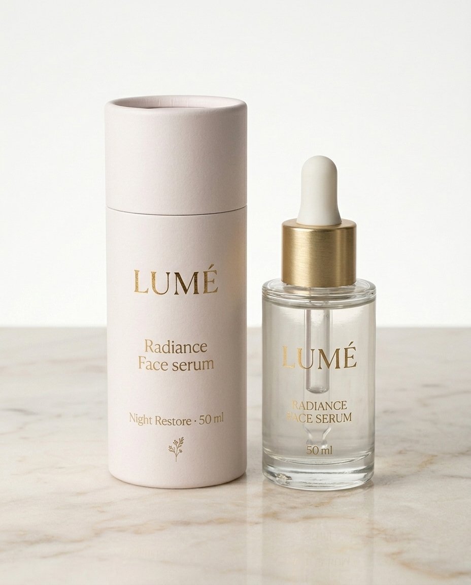 LUMÉ cosmetic paper tube with serum bottle on marble surface