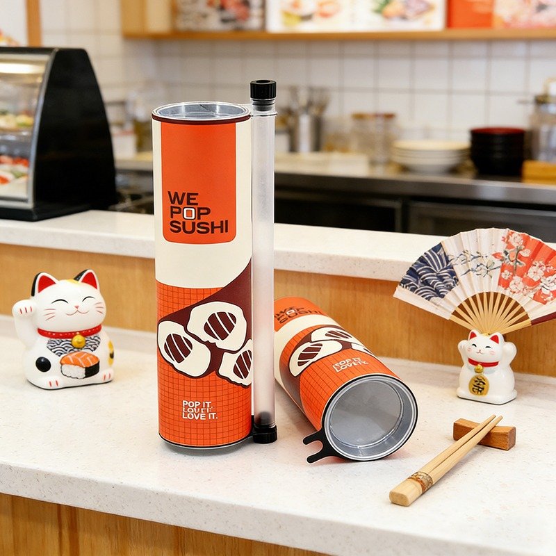 We Pop Sushi bold full-bleed printed specialty paper tubes in a Japanese restaurant setting